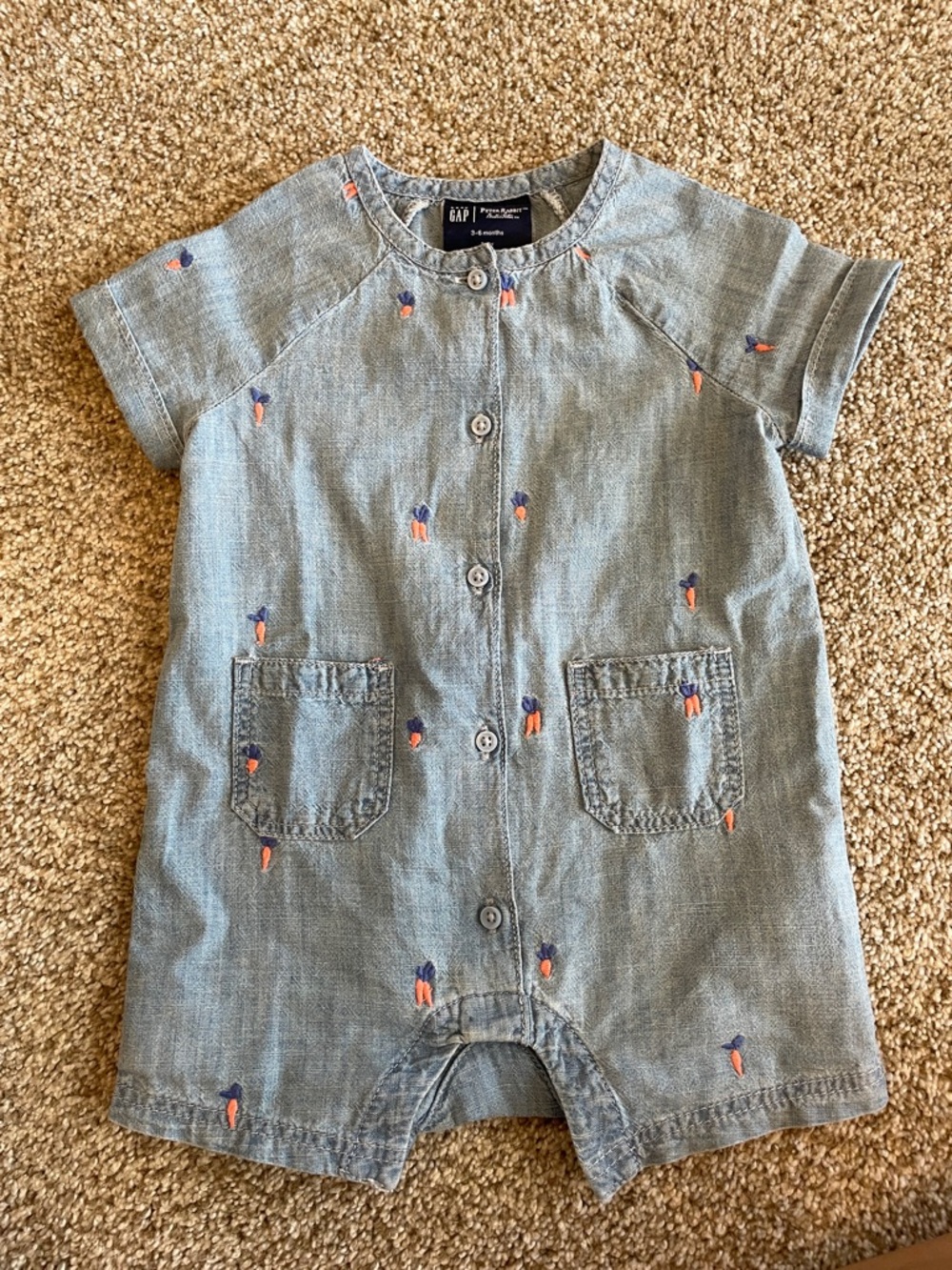 GAP Light Blue Chambray Baby Romper with Orange & Navy Embroidery